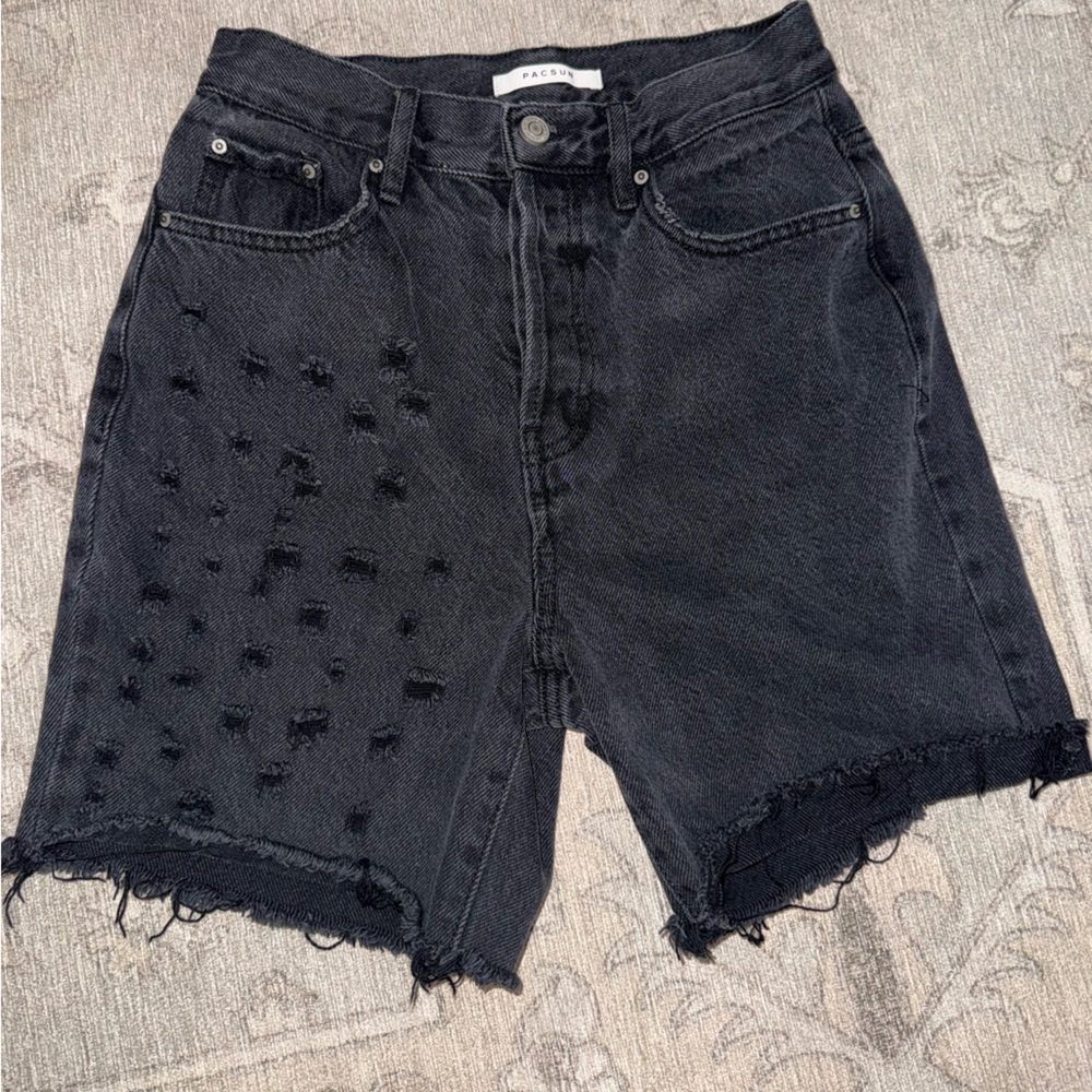 PacSun Dad Jean Shorts Women’s 25 Black Allover Distressed Raw Hem 100% Mindful